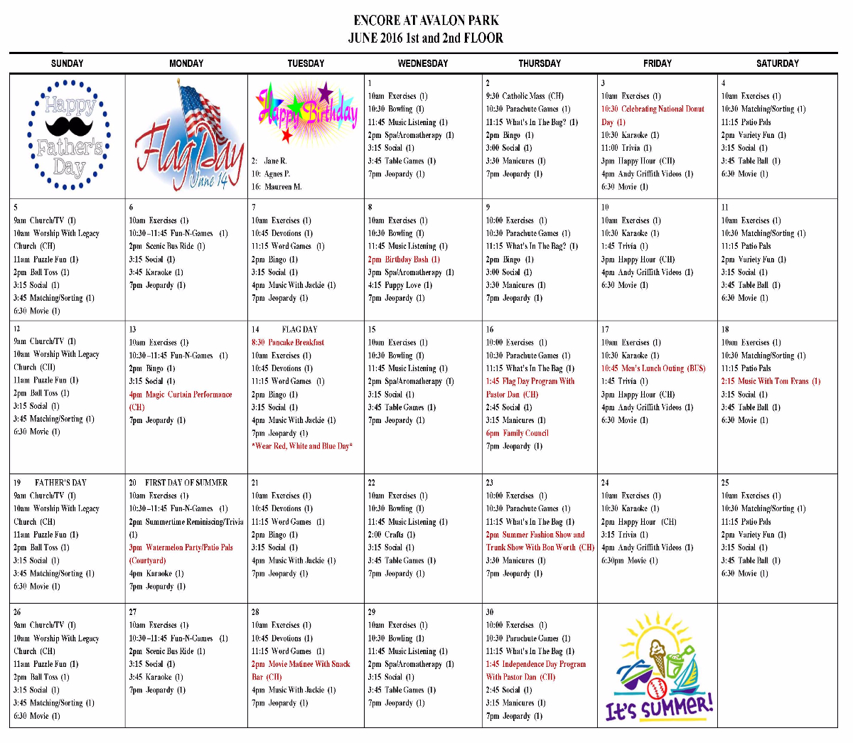 June 2016 1st and 2nd Floor Activity Calendar