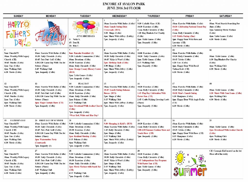 June 2016 3rd Floor Activity Calendar