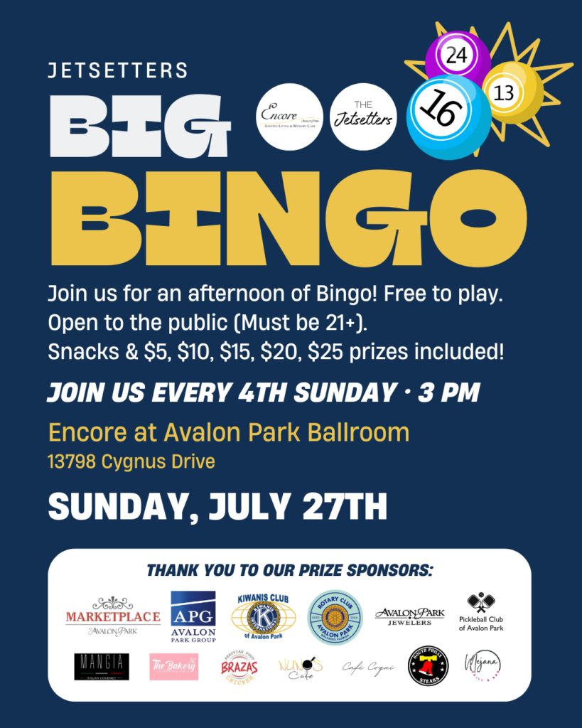 Jetsetters Bingo Orlando flyer for July 27 at Encore Avalon Park, with prize info, 3 PM start time, and community sponsors listed
