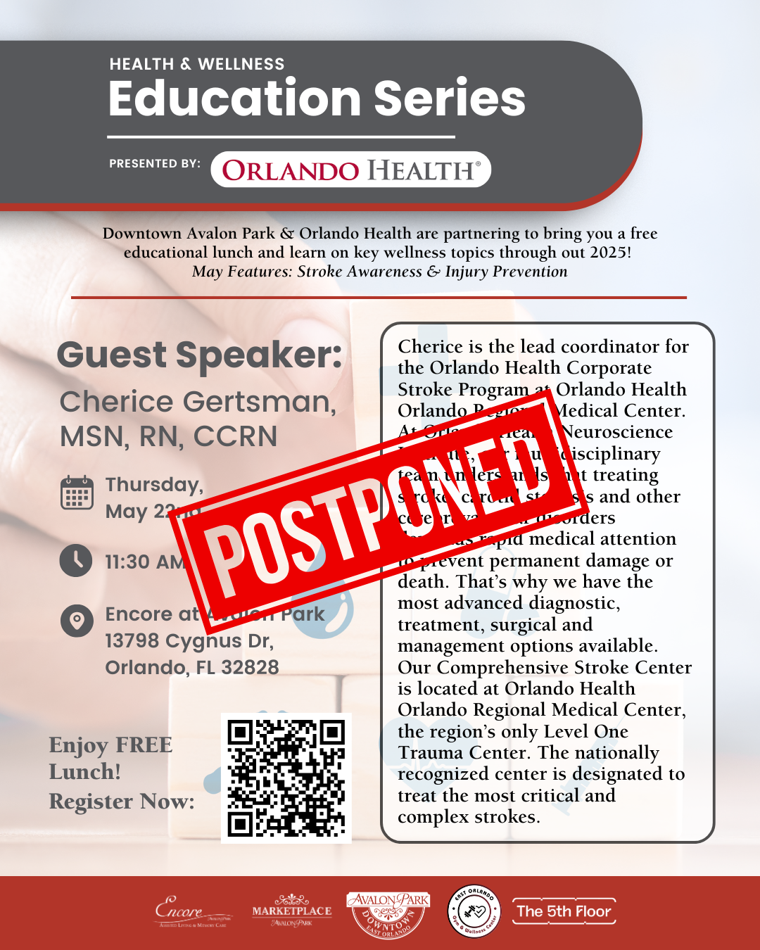 Flyer for Avalon Park’s Health & Wellness Education Series presented by Orlando Health, featuring Cherice Gertsman, MSN, RN, CCRN. Event originally scheduled for May 23rd, now postponed
