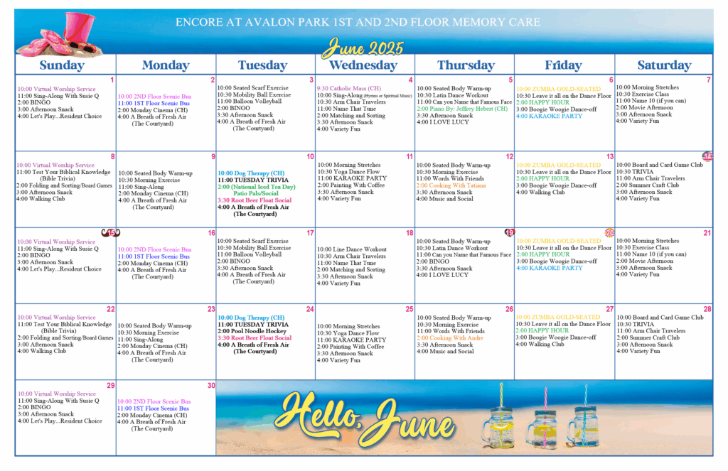 June 2025 calendar of activities for Encore at Avalon Park’s 1st and 2nd Floor Memory Care residents, featuring daily events such as bingo, music therapy, crafts, themed parties, and wellness sessions.