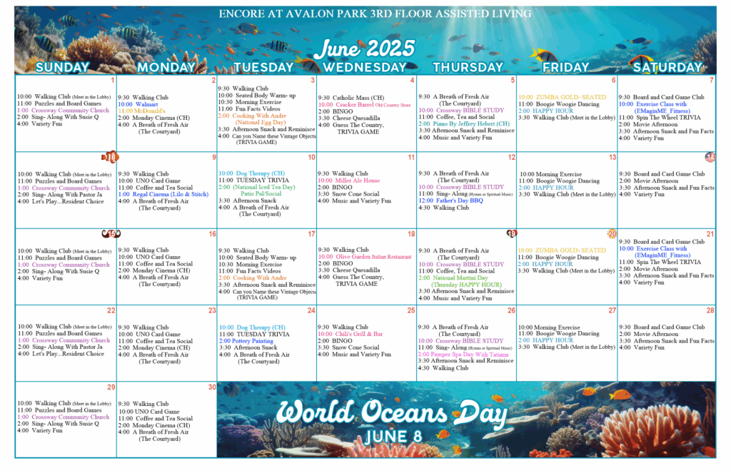 June 2025 calendar of activities for Encore at Avalon Park’s 3rd Floor Assisted Living residents, featuring daily events such as walking club, trivia games, themed socials, movie screenings, crafts, and fitness classes.