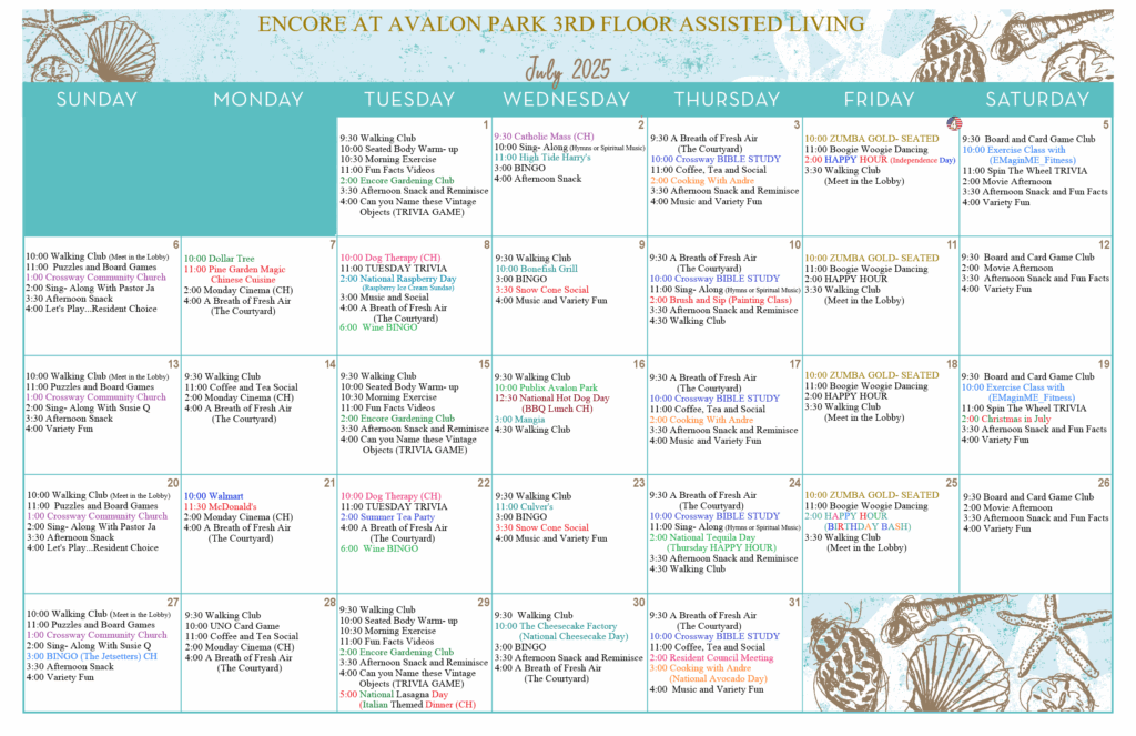Monthly calendar for Encore at Avalon Park's 3rd Floor Assisted Living, July 2025, featuring daily activities like movie nights, socials, and fitness classes.