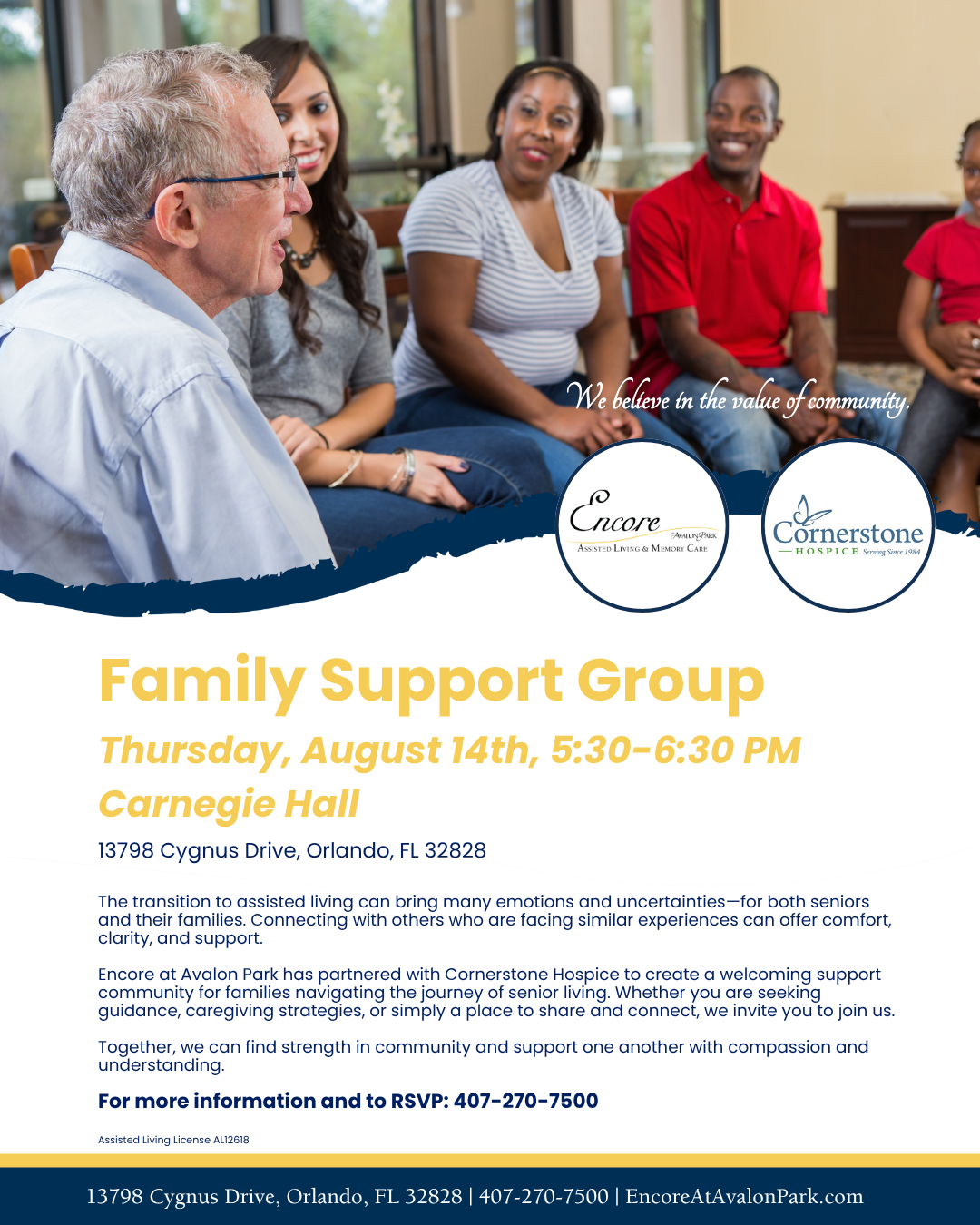 A group of people, including seniors and caregivers, sitting in a circle having a supportive discussion. Text on the flyer promotes a Family Support Group on August 14th at Encore at Avalon Park.