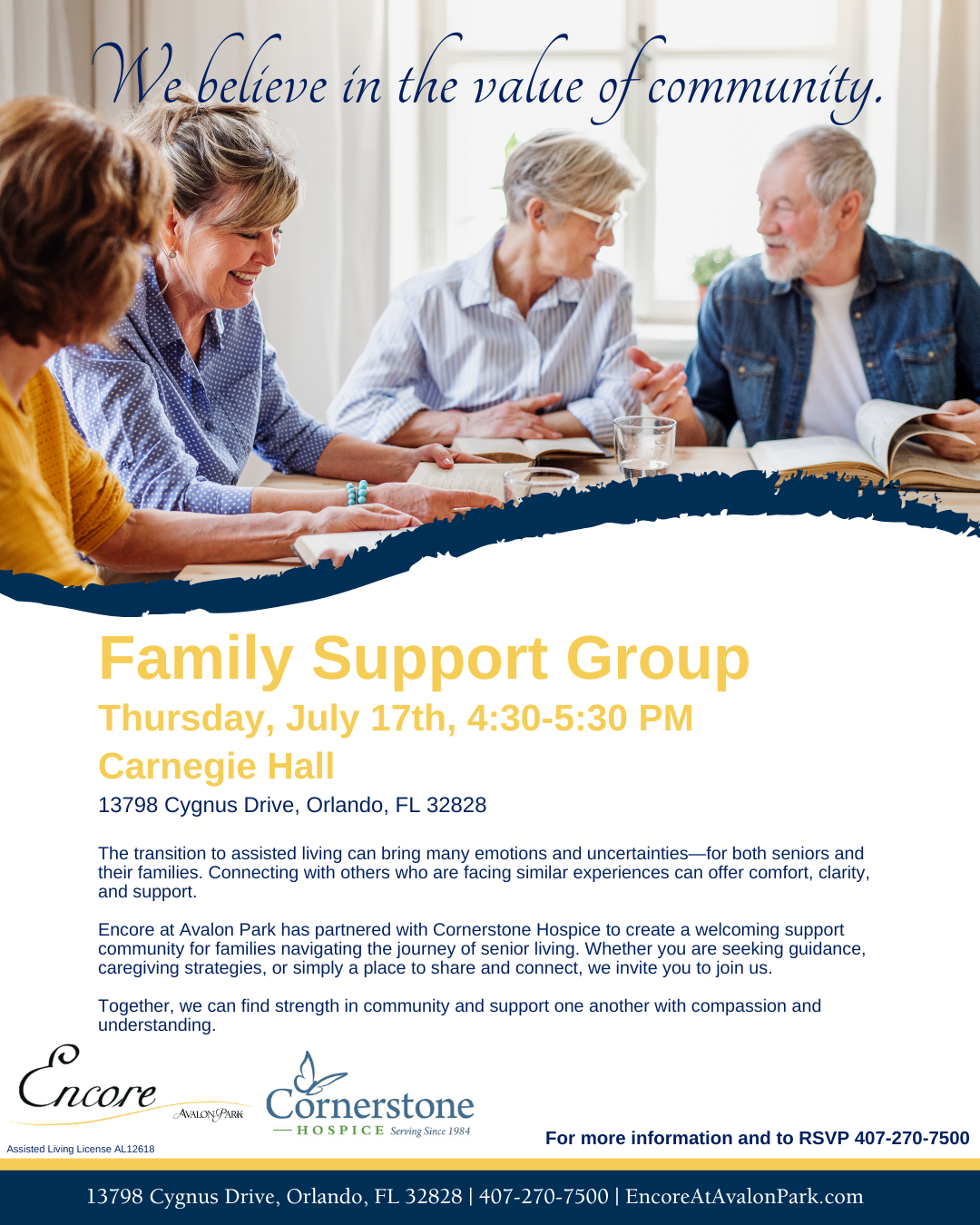 Flyer for Encore Family Support Group event with Cornerstone Hospice on July 17, 2025 at Carnegie Hall in Avalon Park